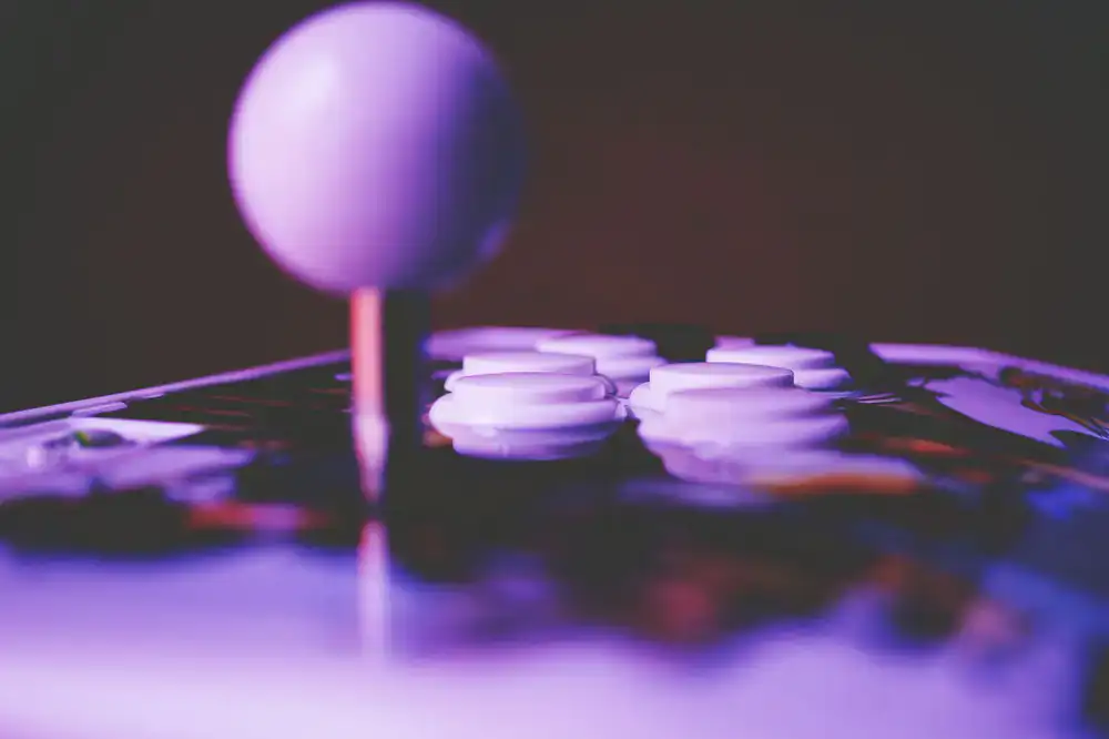 Close up of an arcade stick ready for a fighting game tournament